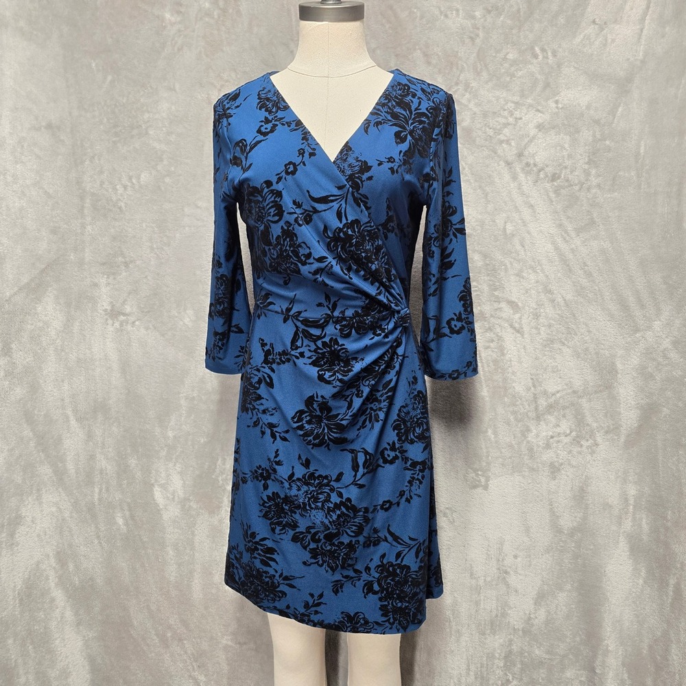 Alya Women Blue Black Velvet Floral Dress Medium 3/4 Sleeve Ruched Dark Academia